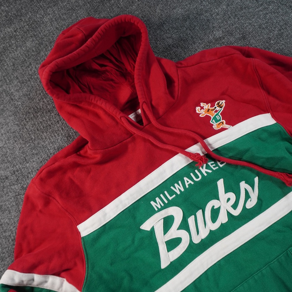 Mitchell & Ness Milwaukee Bucks Hoodie Mens 2XL Red Green Hardwood Classics NBA